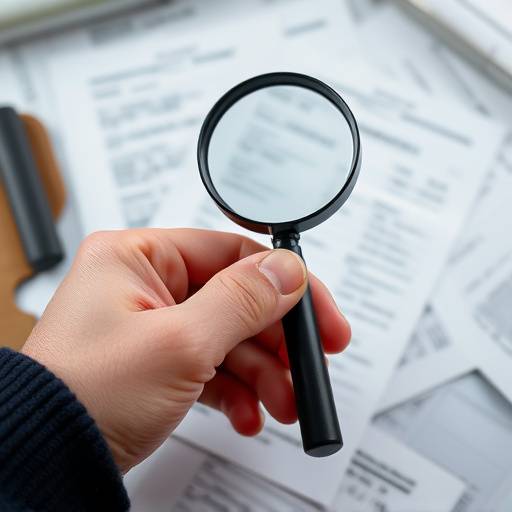 A hand using a magnifying glass to examine a pile of receipts, symbolizing careful expense management.