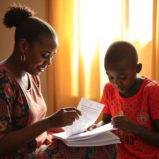 A Ugandan family planning their budget together, reviewing receipts and bills.