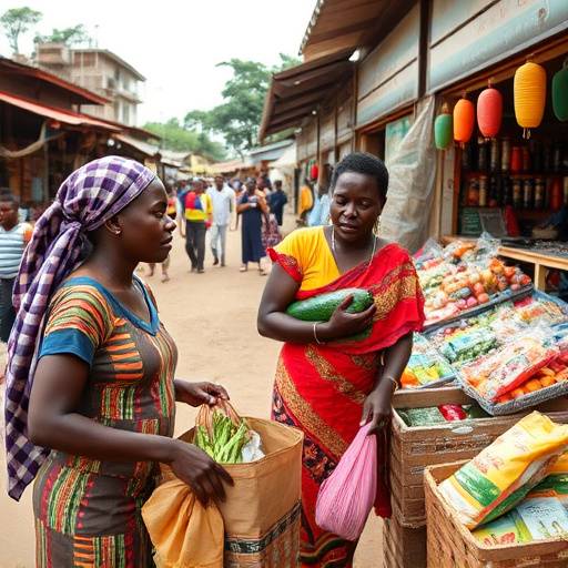 A Ugandan family shopping for groceries in a local market