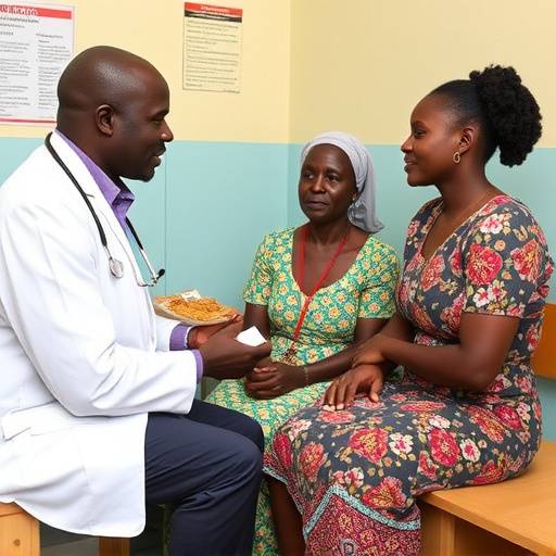 A Ugandan family visiting a clinic, discussing healthcare options with a doctor