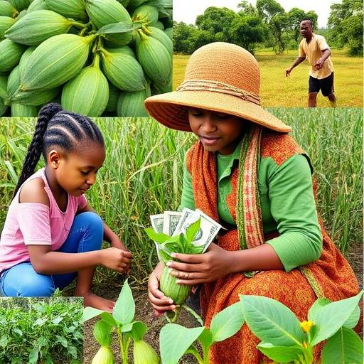 Collage of images showing various income sources: farming, crafts, freelancing, tutoring, and mobile money services
