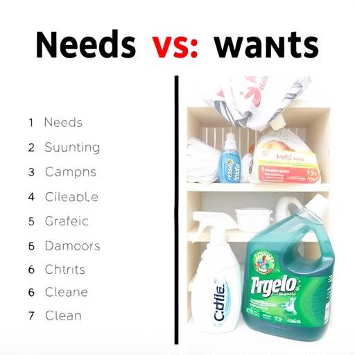 Illustration showing the difference between needs and wants with a visual separation of essential items versus luxury items.